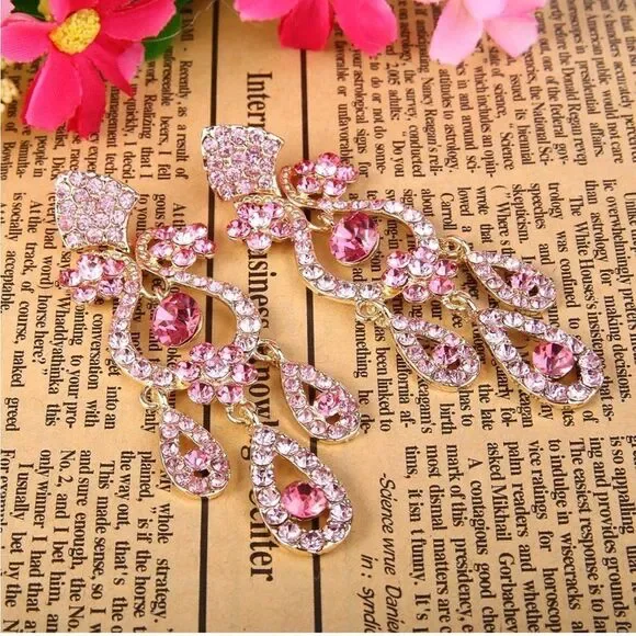Yellow Gold with Pink Sapphire Austrian Crystal Flower Vase Chandelier Earrings